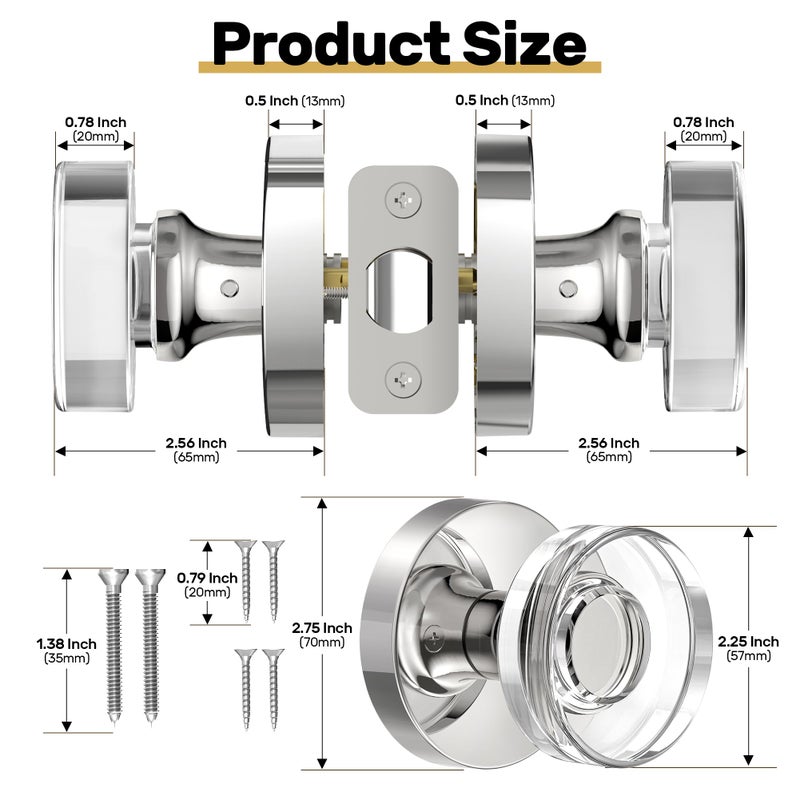 naubea Polished Chrome Door Knobs Glass Door Knobs Interior Passage Door Knob Crystal Interior Door Knob for Closet and Hallway - Image 5